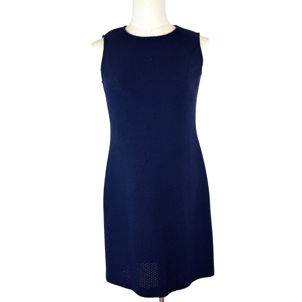 St. John Sleeveless Textured Sheath Dress Knee-Length Wool Blend Navy 12